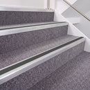 Mill Finish double insert chevron stair nosing, 40mm riser with Dark Grey inserts, fitted on carpeted stairs