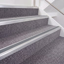 Mill Finish double insert chevron stair nosing, 40mm riser with Mid Grey inserts, fitted on carpeted stairs