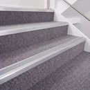 Mill Finish double insert chevron stair nosing, 40mm riser with Polar Grey inserts, fitted on carpeted stairs