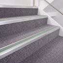 Mill Finish double insert chevron stair nosing, 40mm riser with Sage Green inserts, fitted on carpeted stairs