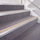 Mill Finish double insert chevron stair nosing, 40mm riser with Sahara inserts, fitted on carpeted stairs