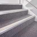 Mill Finish double insert chevron stair nosing, 40mm riser with White inserts, fitted on carpeted stairs