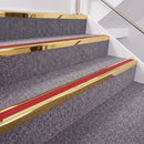 Mirrorflect Gold double insert chevron stair nosing, 40mm riser with Red inserts, fitted on carpeted stairs