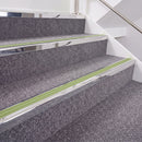 Mirrorflect Silver double insert chevron stair nosing, 40mm riser with Apple Green inserts, fitted on carpeted stairs