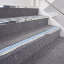 Mirrorflect Silver double insert chevron stair nosing, 40mm riser with Aura inserts, fitted on carpeted stairs