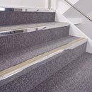 Mirrorflect Silver double insert chevron stair nosing, 40mm riser with Beige inserts, fitted on carpeted stairs