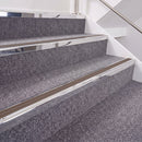 Mirrorflect Silver double insert chevron stair nosing, 40mm riser with Brown inserts, fitted on carpeted stairs
