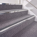 Mirrorflect Silver double insert chevron stair nosing, 40mm riser with Dark Grey inserts, fitted on carpeted stairs