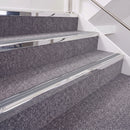 Mirrorflect Silver double insert chevron stair nosing, 40mm riser with Mid Grey inserts, fitted on carpeted stairs