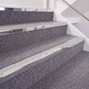 Mirrorflect Silver double insert chevron stair nosing, 40mm riser with Oyster inserts, fitted on carpeted stairs