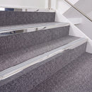 Mirrorflect Silver double insert chevron stair nosing, 40mm riser with Polar Grey inserts, fitted on carpeted stairs