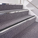 Mirrorflect Silver double insert chevron stair nosing, 40mm riser with Premium Black inserts, fitted on carpeted stairs