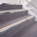 Mirrorflect Silver double insert chevron stair nosing, 40mm riser with Sahara inserts, fitted on carpeted stairs