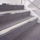 Mirrorflect Silver double insert chevron stair nosing, 40mm riser with White inserts, fitted on carpeted stairs