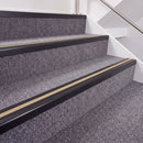 Satin Black double insert chevron stair nosing, 40mm riser with Beige inserts, fitted on carpeted stairs