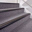 Satin Black double insert chevron stair nosing, 40mm riser with Brown inserts, fitted on carpeted stairs