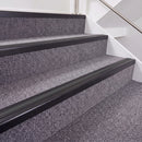 Satin Black double insert chevron stair nosing, 40mm riser with Dark Grey inserts, fitted on carpeted stairs