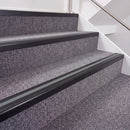 Satin Black double insert chevron stair nosing, 40mm riser with Mid Grey inserts, fitted on carpeted stairs