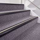 Satin Black double insert chevron stair nosing, 40mm riser with Oyster inserts, fitted on carpeted stairs