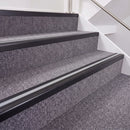Satin Black double insert chevron stair nosing, 40mm riser with Polar Grey inserts, fitted on carpeted stairs