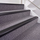 Satin Black double insert chevron stair nosing, 40mm riser with Premium Black inserts, fitted on carpeted stairs