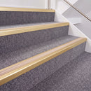 Satin Gold double insert chevron stair nosing, 40mm riser with Sahara inserts, fitted on carpeted stairs