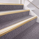 Satin Gold double insert chevron stair nosing, 40mm riser with White inserts, fitted on carpeted stairs