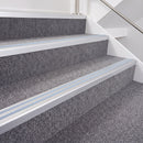 Satin Silver double insert chevron stair nosing, 40mm riser with Aura inserts, fitted on carpeted stairs