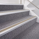 Satin Silver double insert chevron stair nosing, 40mm riser with Beige inserts, fitted on carpeted stairs