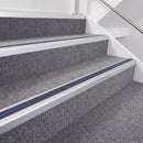 Satin Silver double insert chevron stair nosing, 40mm riser with Blue inserts, fitted on carpeted stairs
