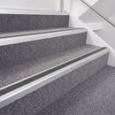 Satin Silver double insert chevron stair nosing, 40mm riser with Dark Grey inserts, fitted on carpeted stairs