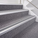 Satin Silver double insert chevron stair nosing, 40mm riser with Mid Grey inserts, fitted on carpeted stairs