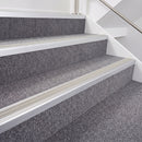 Satin Silver double insert chevron stair nosing, 40mm riser with Oyster inserts, fitted on carpeted stairs