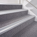 Satin Silver double insert chevron stair nosing, 40mm riser with Polar Grey inserts, fitted on carpeted stairs
