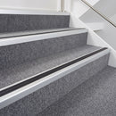 Satin Silver double insert chevron stair nosing, 40mm riser with Premium Black inserts, fitted on carpeted stairs