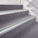 Satin Silver double insert chevron stair nosing, 40mm riser with Sage Green inserts, fitted on carpeted stairs