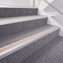 Satin Silver double insert chevron stair nosing, 40mm riser with Sahara inserts, fitted on carpeted stairs