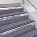 Bright Polished double insert chevron stair nosing, 60mm riser with Blue inserts, fitted on carpeted stairs
