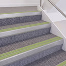 Mill Finish double insert chevron stair nosing, 60mm riser with Apple Green inserts, fitted on carpeted stairs