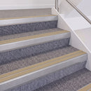 Mill Finish double insert chevron stair nosing, 60mm riser with Beige inserts, fitted on carpeted stairs