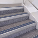 Mill Finish double insert chevron stair nosing, 60mm riser with Blue inserts, fitted on carpeted stairs