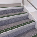 Mill Finish double insert chevron stair nosing, 60mm riser with Dark Green inserts, fitted on carpeted stairs