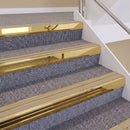 Mirrorflect Gold double insert chevron stair nosing, 60mm riser with Beige inserts, fitted on carpeted stairs