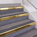 Mirrorflect Gold double insert chevron stair nosing, 60mm riser with Blue inserts, fitted on carpeted stairs