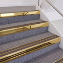 Mirrorflect Gold double insert chevron stair nosing, 60mm riser with Brown inserts, fitted on carpeted stairs
