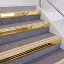 Mirrorflect Gold double insert chevron stair nosing, 60mm riser with Sahara inserts, fitted on carpeted stairs
