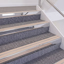 Mirrorflect Silver double insert chevron stair nosing, 60mm riser with Sahara inserts, fitted on carpeted stairs