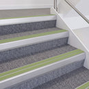 Satin Silver double insert chevron stair nosing, 60mm riser with Apple Green inserts, fitted on carpeted stairs