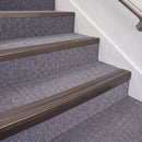 Dark Bronze double insert chevron stair nosing, 70mm riser with Brown inserts, fitted on carpeted stairs