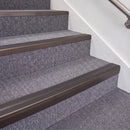 Dark Bronze double insert chevron stair nosing, 70mm riser with Dark Grey inserts, fitted on carpeted stairs